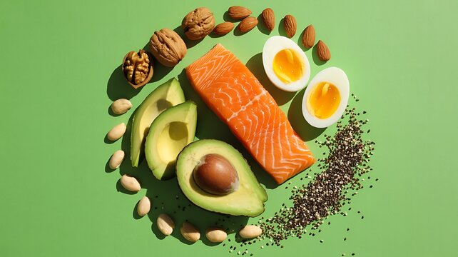 Healthy food ingredients rich in healthy fats like salmon, avocado, eggs, nuts, and seeds on a green background