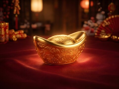 Traditional Chinese Gold Ingot Sycee Yuanbao on Red Silk Cloth Wealth and Fortune Symbol