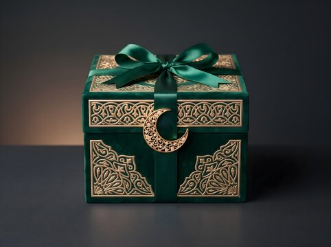 Luxury Green Velvet Eid Gift Box with Satin Ribbon and Gold Crescent Charm Stock Photo