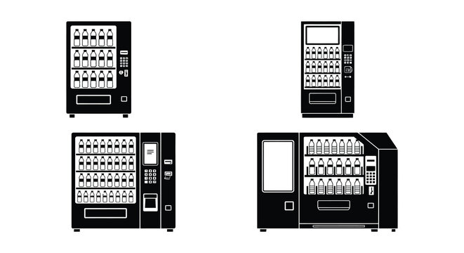 Black vector vending machines display bottled water against a white background