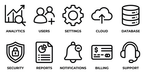 Fototapeta premium Data management line icons set black pictograms analytics users settings cloud database