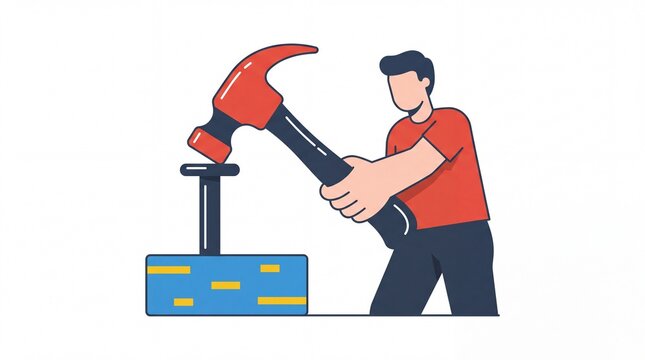Labour day man hitting nail with a hammer flat design vektor