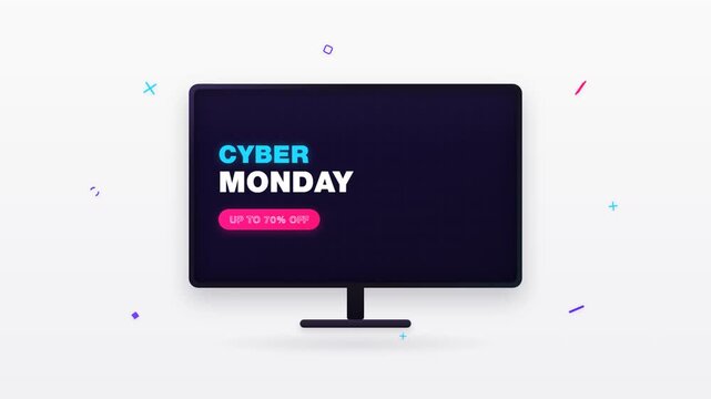 Minimalist motion graphic animation featuring a Cyber Monday sale discount promo tag on a dark desktop computer display with subtle colorful motion accents