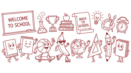 Obraz premium Back to school doodle sticker set with education stationery icons and fun learning theme.