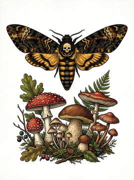 Death head moth and wild forest mushrooms illustration