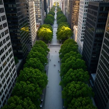 Urban alleyway flanked by towering skyscrapers and lush green trees