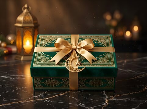 Elegant Green Ramadan Gift Box with Gold Bow Crescent Pendant on Dark Marble Stock Photo