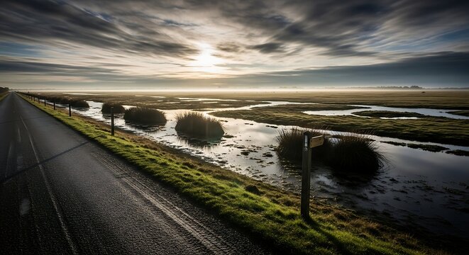 Long asphalt road passing through vast marshland under dramatic clouds