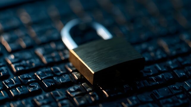 A metallic padlock rests on a dark keyboard  symbolizing digital security and data protection in a modern computing environment