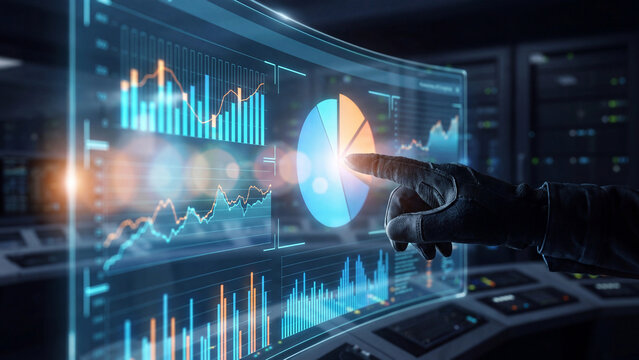 Glowing futuristic digital interface displays complex financial graphs, pie charts, and data analysis metrics during intensive operation