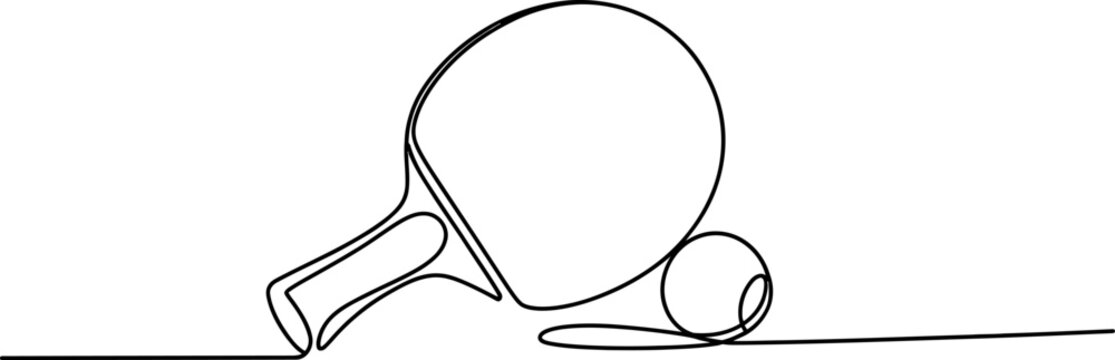 Continuous line drawing of a table tennis racket and a ping pong ball
