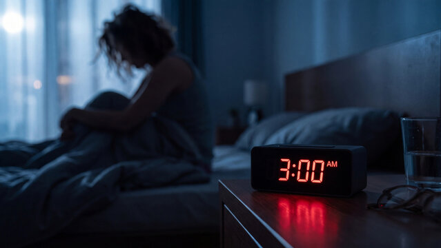 Distressed woman wakes up at night experiencing severe insomnia and anxiety while staring at red digital clock numbers