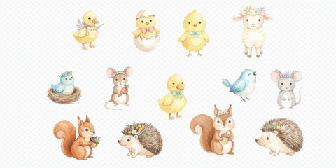 Obraz premium Set of cute watercolor baby animals including chicks, lamb, mouse, squirrel, and hedgehog.