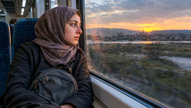Refugees Vertical Image of a Woman Traveling by Train