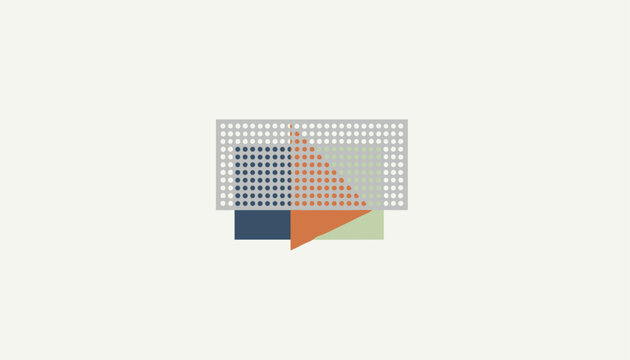 Abstract geometric composition containing overlapping shapes of dotted grids, rectangles and triangles on a cream background.