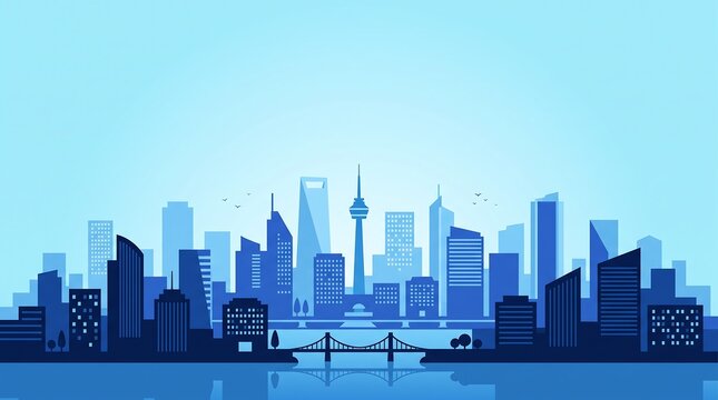 Modern City Skyline Vector Illustration with Skyscrapers and Bridge