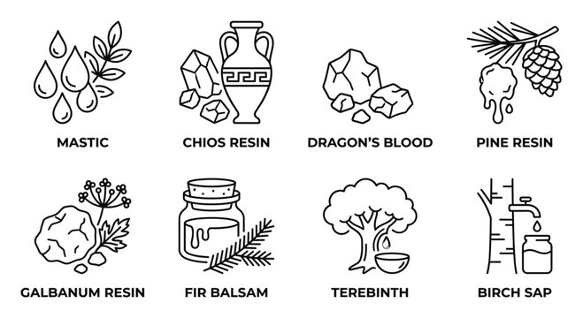 Natural aromatic resin icons including mastic chios dragon blood and pine sap