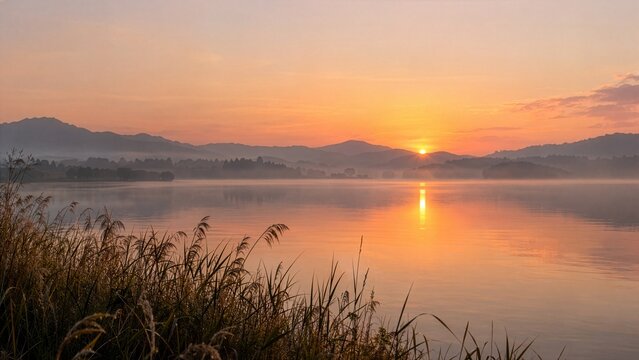 霧に包まれた湖畔から昇る幻想的な朝日の風景