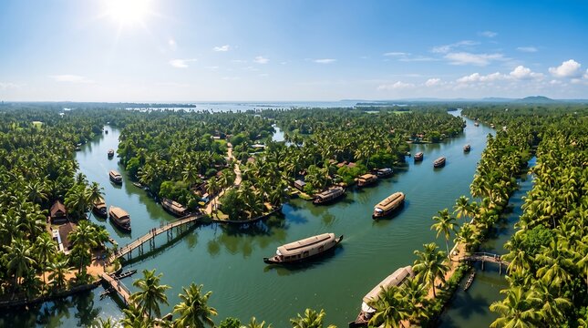 Aerial View of Houseboats Navigating Tropical Backwater Canals