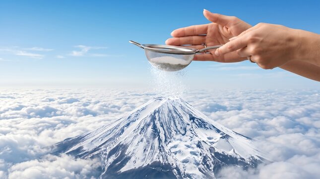 Hands Sifting Sugar Over Snow Covered Mountain Peak Above Clouds