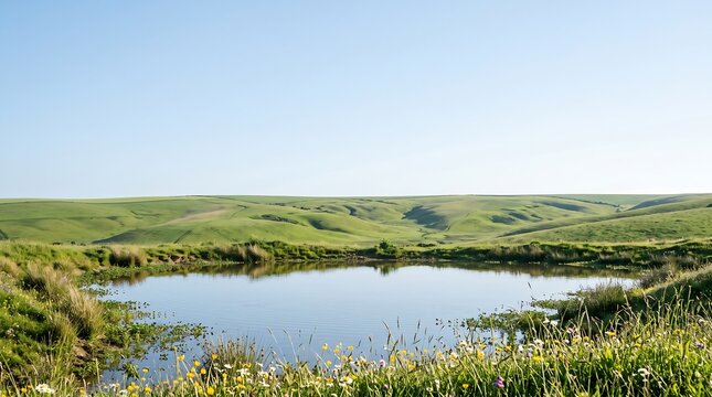 A calm natural pond reflects the clear sky, framed by lush green rolling hills and colorful wildflowers blooming in a bright, peaceful countryside landscape.