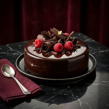 Gourmet chocolate mirror glaze cake decorated with fresh raspberries and chocolate curls on a plate