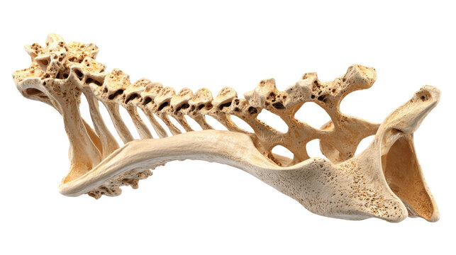 Realistic 3D vertebral spine bone connected to scapula shoulder blade showing detailed porous texture for anatomy science education isolated on white background