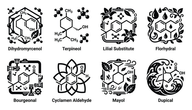 Perfumery chemical compounds formulas and structures represented as icons