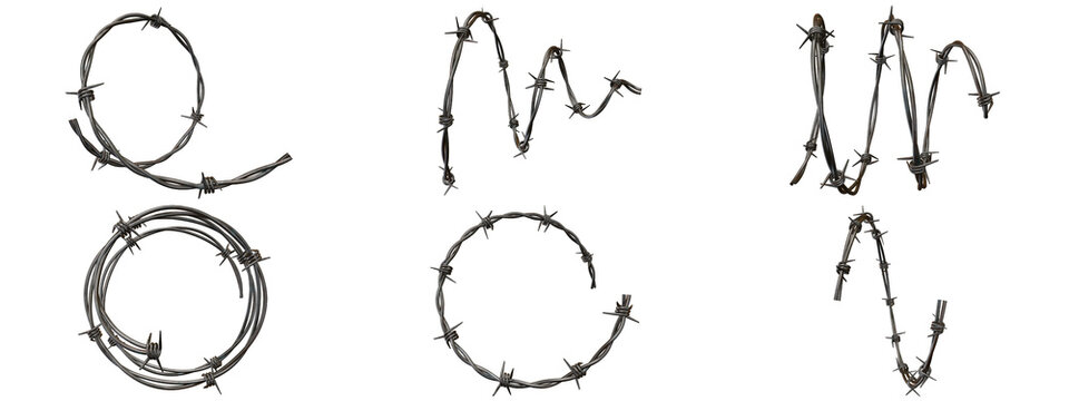 Barbed wire vector elements set, black sketch wire security loops collection, hand drawn barbed wire icons isolated on white background