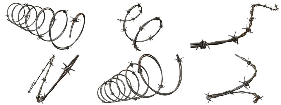Barbed wire coils and segments set, rusted metal barb wire elements isolated on white background, security boundary fence concept for design