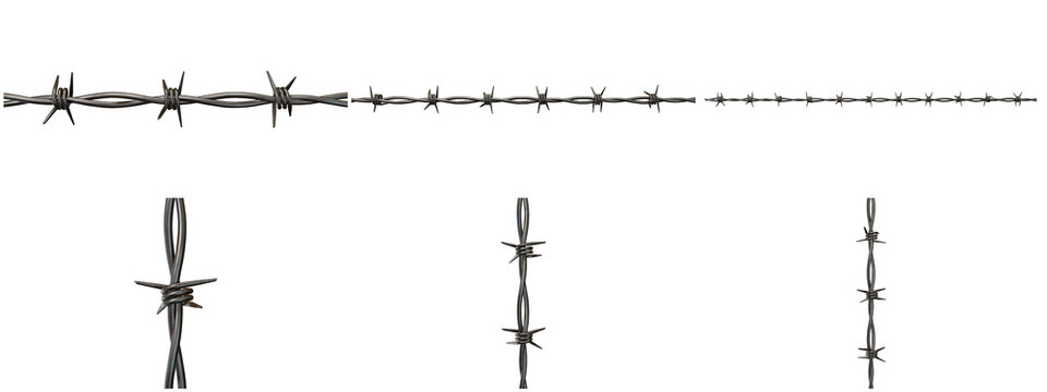 Barbed wire set, metallic steel security fence elements, sharp border barrier design, isolated metal protection wire