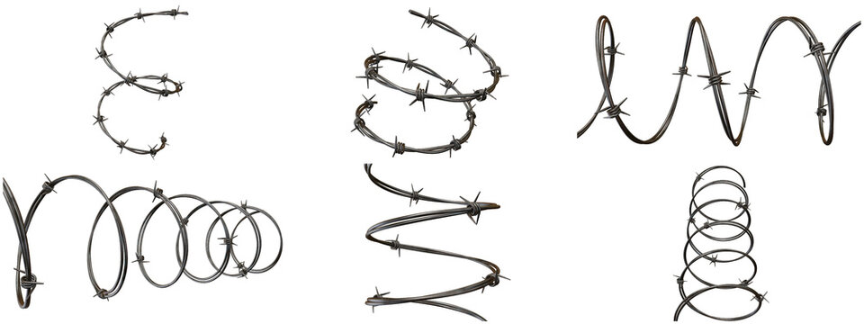 Barbed wire coil set isolated on white background, twisted steel wire spiraled barrier elements, metallic security fence design components