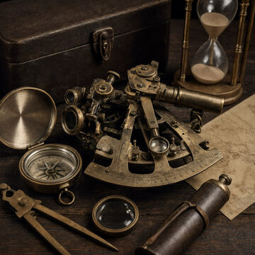 Vintage brass sextant and nautical tools on dark wood table