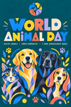World Animal Day poster with colorful stylized dog and cat illustrations