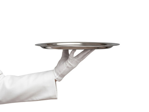 Waiter wearing white glove holding empty silver serving tray