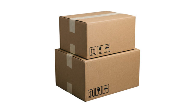 Two stacked cardboard delivery shipping boxes with safety symbols