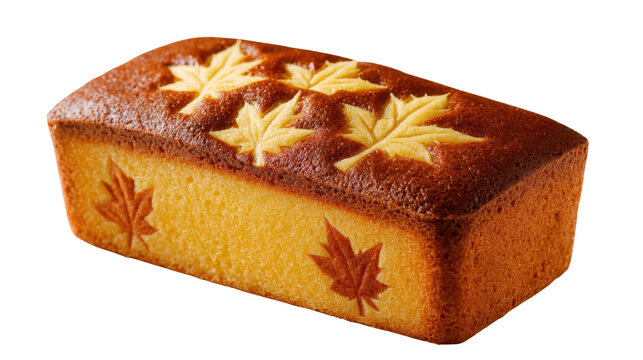 Golden baked cornbread loaf decorated with maple leaf pattern on top showing rustic homemade bakery texture and crust isolated on white background
