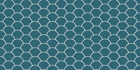 Ocean teal fish scale seamless pattern in geometric style. Modern white outline scalloped texture for nautical background, textile, and paper print. © Dunzz