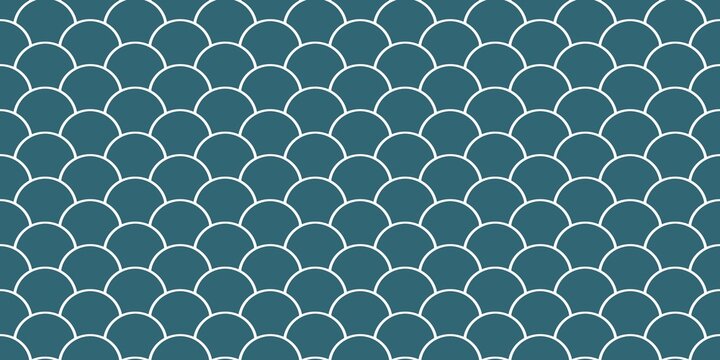 Ocean teal fish scale seamless pattern in geometric style. Modern white outline scalloped texture for nautical background, textile, and paper print.