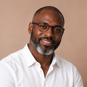 Portrait of a young dark-skinned man isolated in a light brown background with copy space, Charming handsome young man professional profile picture. studio lighting, friendly and confident expression