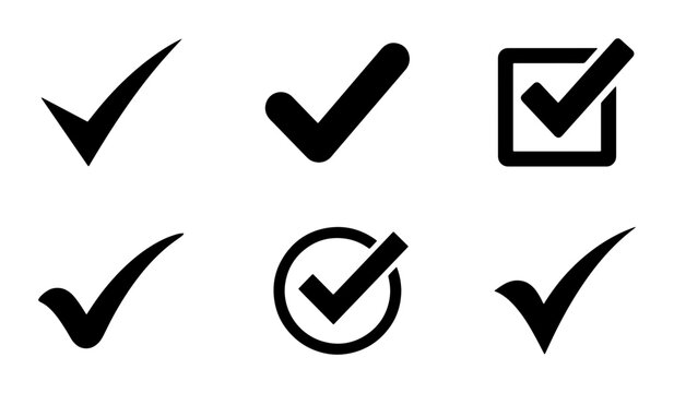 Check mark icons set with tick, checkbox and confirmed symbols for approval or selection