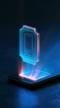 Glowing holographic ticket icon emerging from a smartphone, digital event ticketing and smart entry concept
