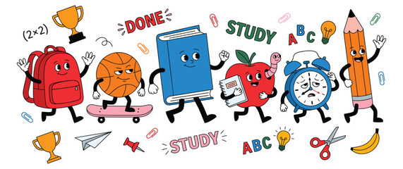 Fototapeta premium School supplies characters with backpacks and sports equipment for education flat design.