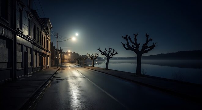 Empty night street beside quiet water glowing under moonlight illumination