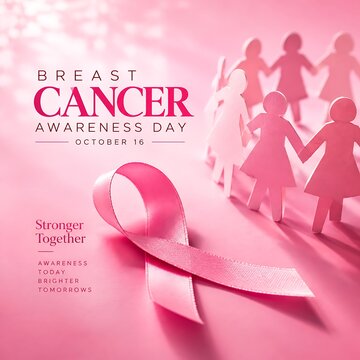 Breast cancer awareness concept with pink ribbon and cutout paper dolls holding hands awareness solidarity community