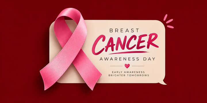 Breast cancer awareness ribbon with information card on dark red awareness campaign prevention typography feminine