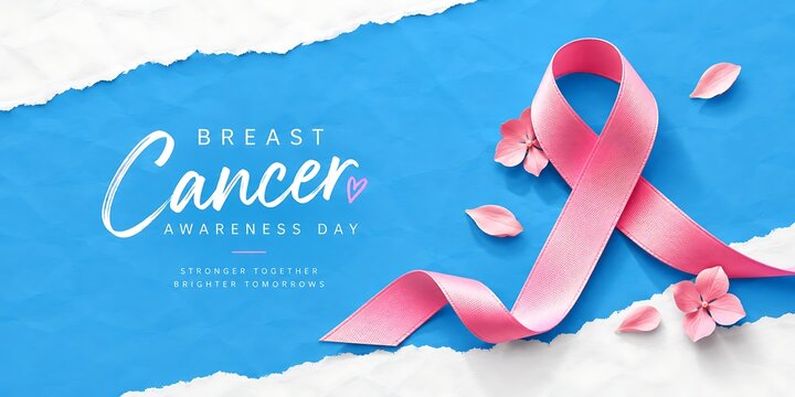 Pink ribbon symbol for breast cancer awareness on a blue ripped paper background with awareness oncology treatment