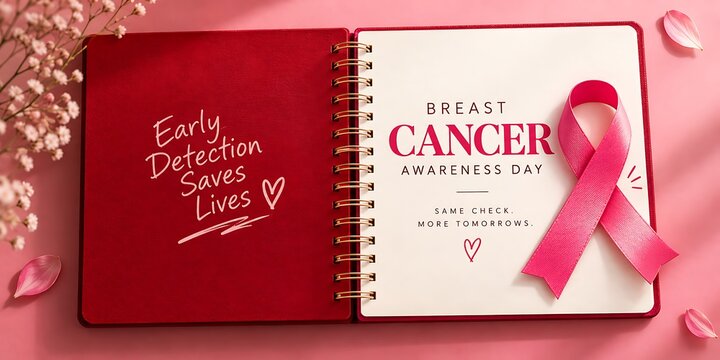 Pink ribbon symbol of breast cancer awareness on an open notebook over pink background with awareness