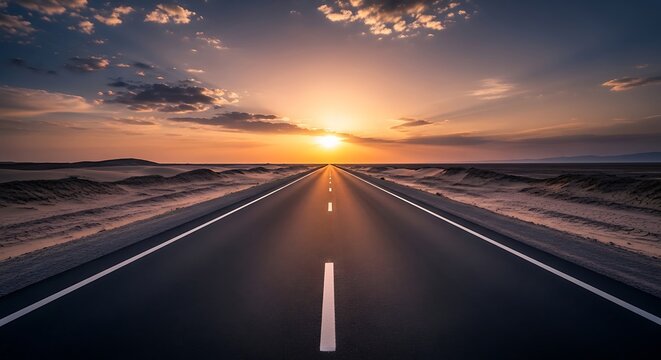 Endless desert asphalt highway stretching toward brilliant sunset horizon