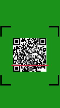 Animated QR code scanning process with a red laser line and frame markers, isolated on a solid green screen background for easy chroma key compositing and integration